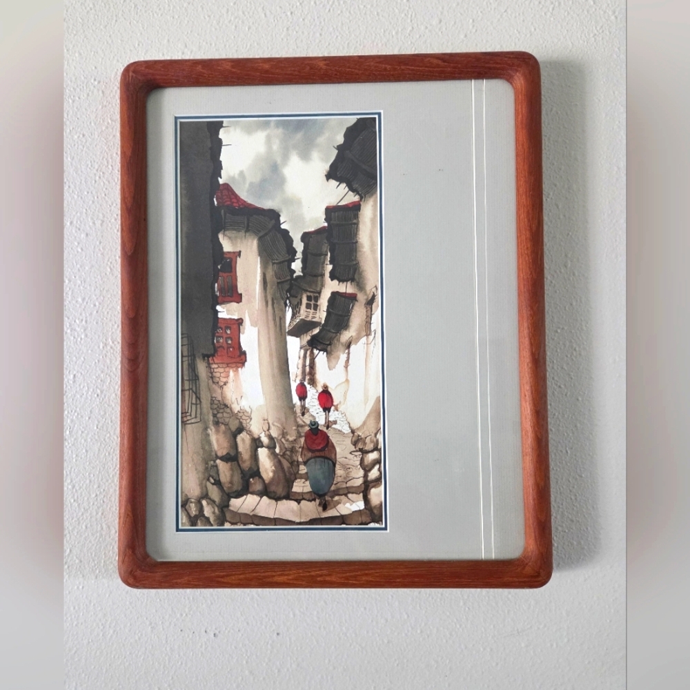 Vtg Peruvian Original Watercolor Street Scape People  Framed Matted Signed 9×12
